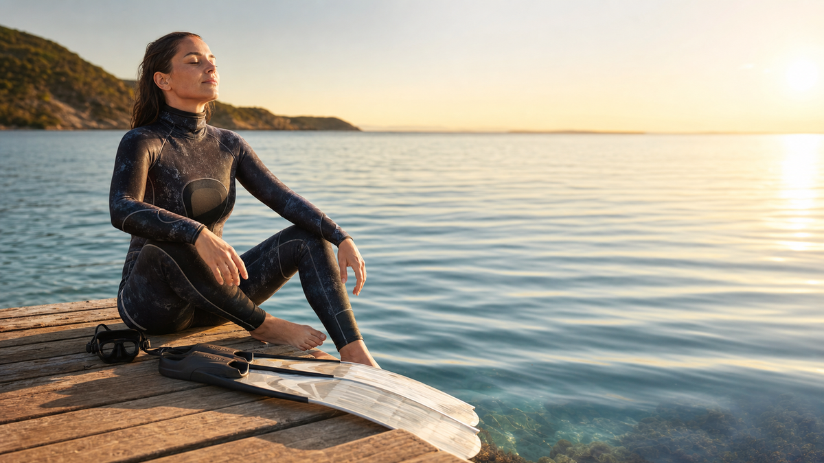 A calm freediver in a wetsuit sitting on a wooden dock by the sea at golden hour, eyes gently closed, taking a slow breath, a mask and long white freediving fins beside them