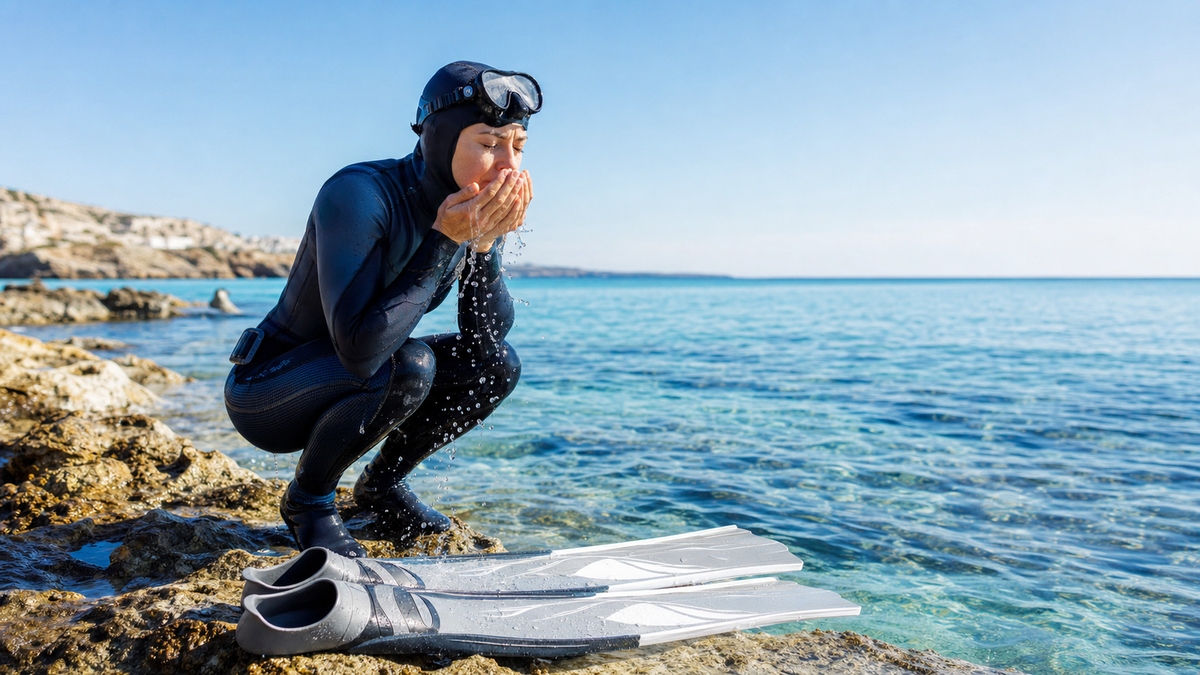 A freediver in a wetsuit with a mask on the forehead crouched at a sunlit rocky shoreline, splashing cold clear seawater onto the face, long white freediving fins beside them and the open turquoise sea behind