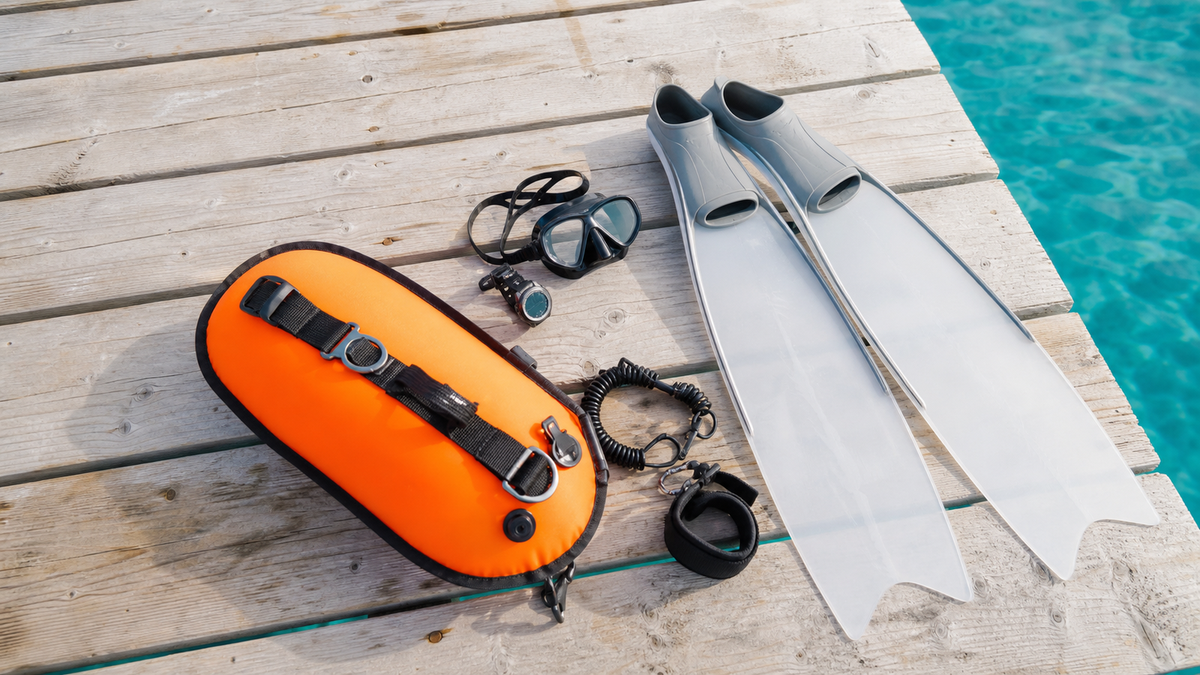 Freediving gear — a bright float, a coiled lanyard, a dive watch, a mask and long white-bladed freediving fins — arranged on sunlit wooden dock planks by the sea, seen from above
