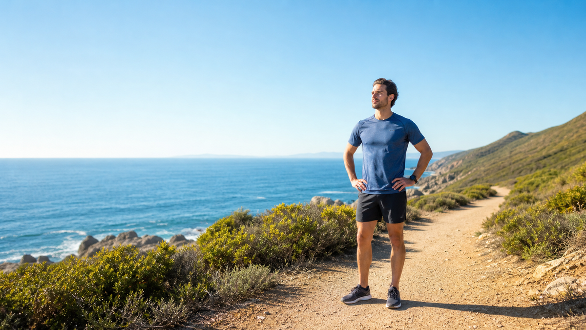 A runner pausing on a sunlit coastal path above the sea, hands on hips, breathing calmly through the nose