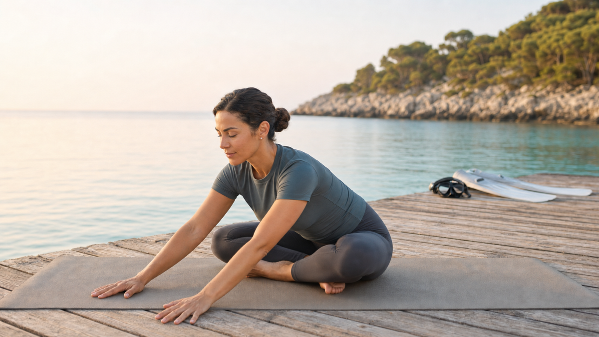 A woman in a modern athletic yoga outfit sitting cross-legged on a yoga mat on a dock, folding gently forward over a fully exhaled, drawn-in belly